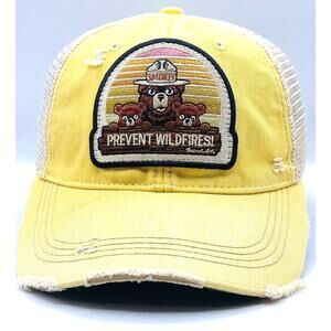 Smokey Bear Trucker Hat Mesh Back Snapback Forest Fire Prevention Cap Yellow